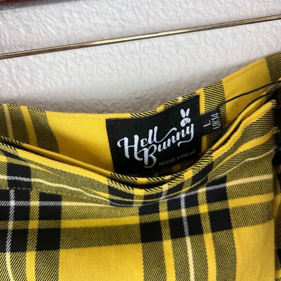 Hell Bunny Corey Yellow Plaid Pleated Mini Skirt Heart Buckle NWT L - Picture 5 of 6